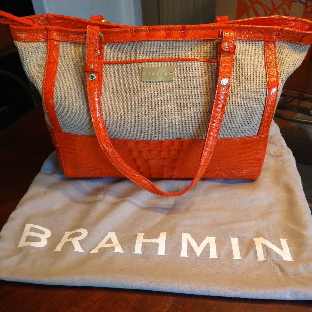 Brahmin Orange Croc & Tan Canzas Medium Purse